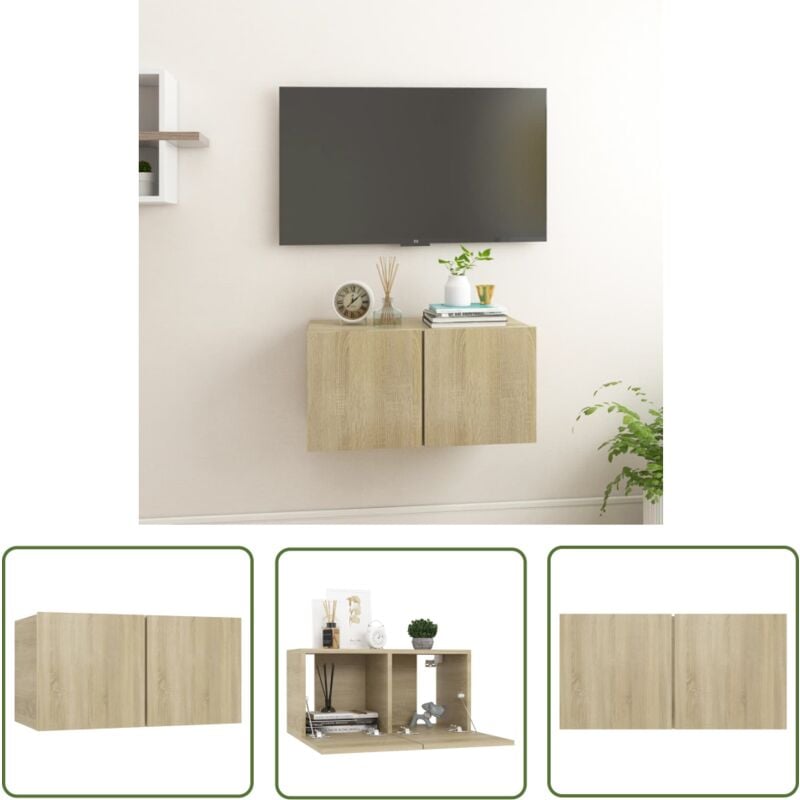 Jinlefu - The Living Store Meuble tv suspendu Chêne sonoma 60x30x30 cm - Meuble Tv Mural - Meuble Tv Suspendu - Rangement Tv - Unit Tv Murale