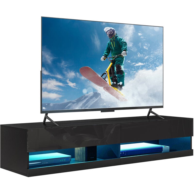 Meuble tv mural led - banc tv flottant - 2 portes battantes - dim. 150L x 40l x 30H cm - noir laqué