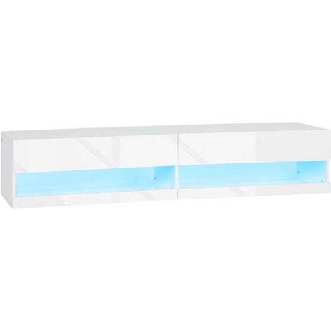 Meuble TV mural LED - banc TV flottant - 2 portes battantes - dim. 150L x 40l x 30H cm - blanc laqué