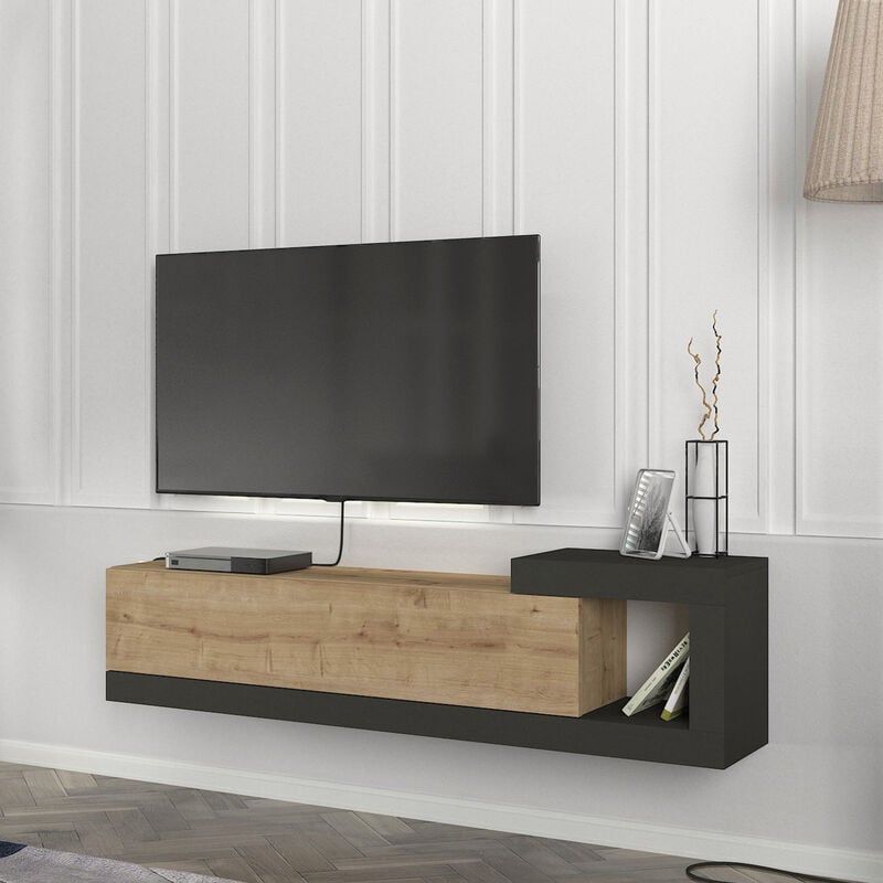 [en.casa] - Meuble tv mural Luhanka 150 x 30 x 39 cm effet chêne anthracite