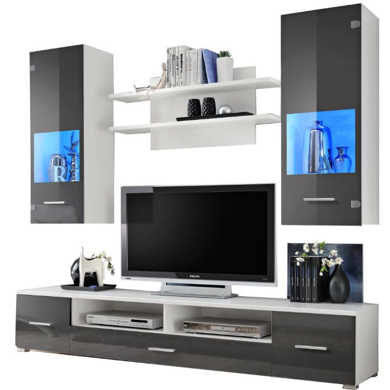 Dusine - Meuble tv mural Magnetic Gris brillant et Blanc mat 200cm