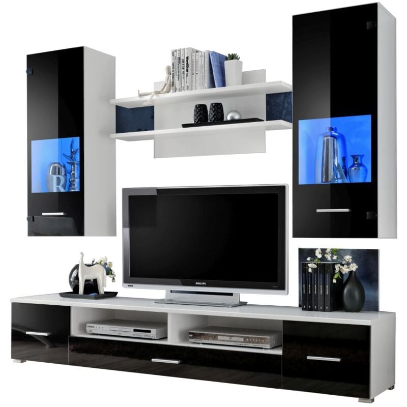 Dusine - Meuble tv mural Magnetic Noir brillant et Blanc mat 200cm