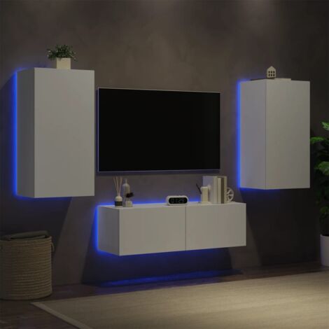 Meuble TV muraux, Banc TV, Armoire de rangement 3 pcs avec lumières LED blanc FR925696 DESIGN IN