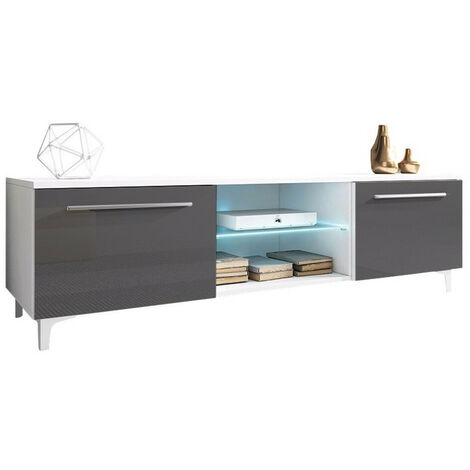 Meuble TV Nashville 120, Blanc + Gris brillant, Le nombre de portes: 2, Nombre de tiroirs: 0, 150x44x45cm, LED