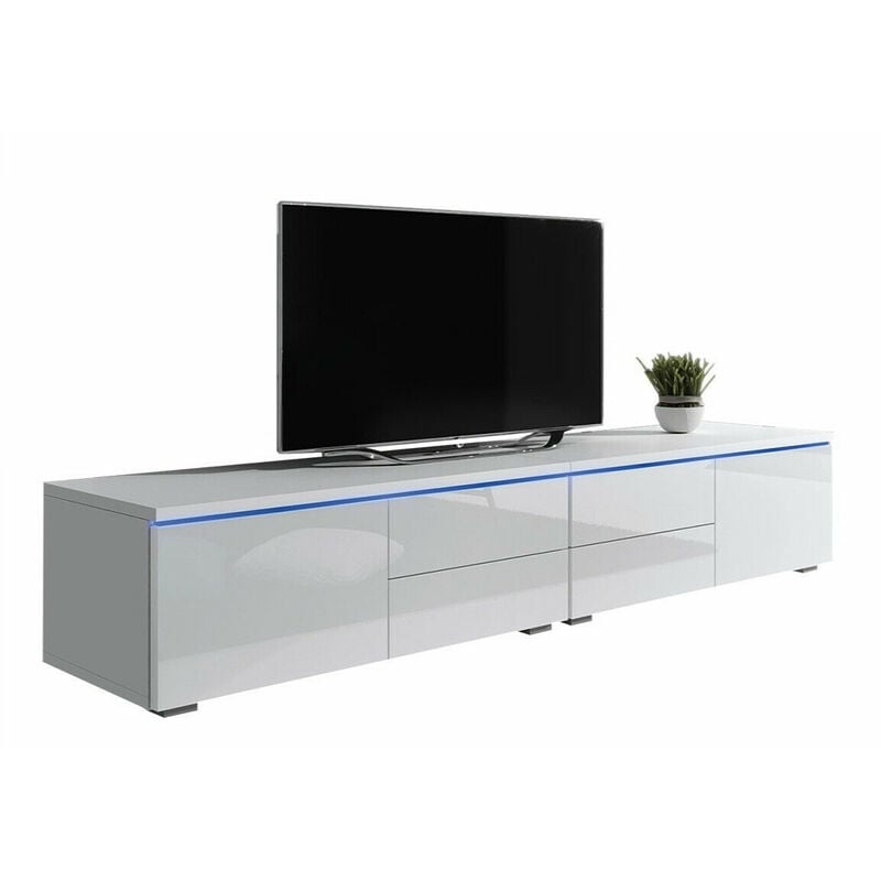 Meuble tv Nashville 129, Blanc + Blanc brillant, Le nombre de portes: 0, Nombre de tiroirs: 0, 200x35x45cm, led