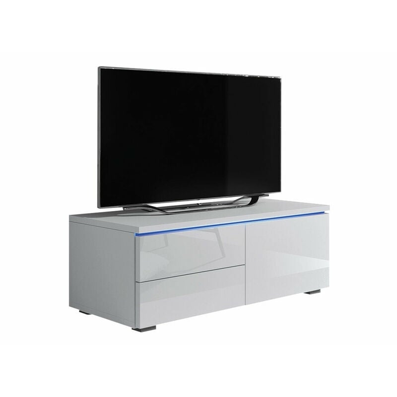 Meuble tv Nashville 130, Blanc + Blanc brillant, Le nombre de portes: 0, Nombre de tiroirs: 0, 100x35x45cm, led