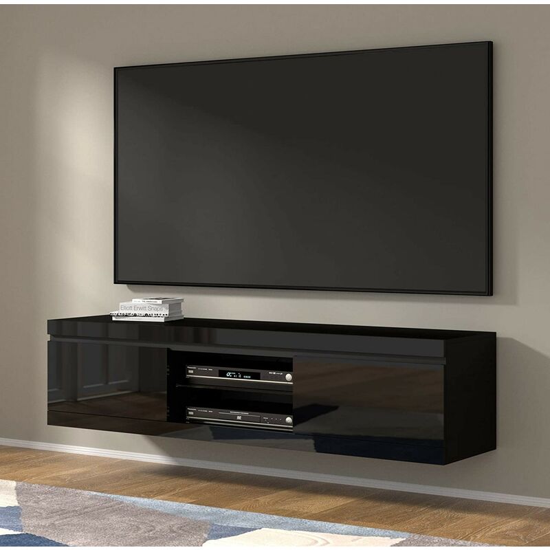 Bim Furniture - Net meuble tv suspendu au mur ou au sol cm 180 x 40 x 46 cm façades noir brillant structure noir mat - Bim Supplies