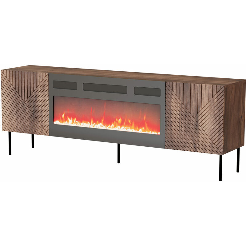 Bim Furniture - Meuble tv nocciola 190 cm 2D1K façades fraisées noyer warmian avec cheminée électrique