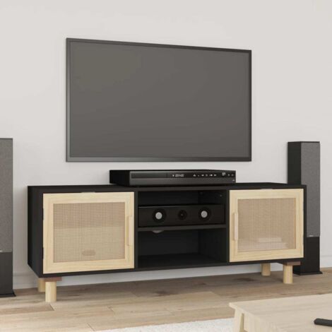 Vidaxl – Meuble TV noir 105x30x40cm – Bois de pin massif et rotin naturel – 4 compartiments de rangement – Capacité 70 kg