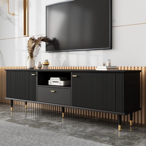 Meuble TV noir 170x36x54cm, 2 ports + compartiments ouverts + tiroirs, finition laquée structurée + fermeture amortie