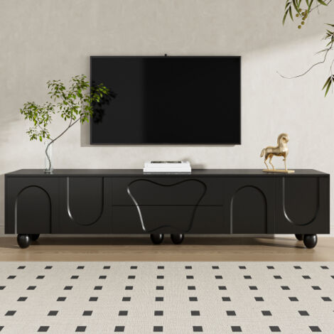 Meuble TV noir 180 cm avec pieds en bois et design unique, 180x40x42 cm