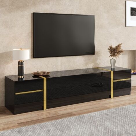 Meuble Tv noir 180x40x38 cm finition brillante, 4 tiroirs, 2 portes et détails dorés