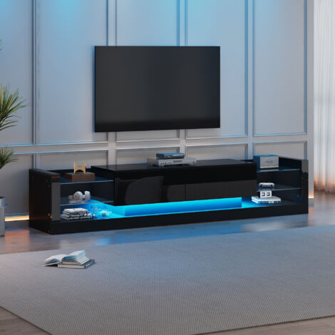 Meuble TV noir 181 cm  brillant avec éclairage LED, façade en verre et deux tiroirs rabattables, 181x38x38 cm