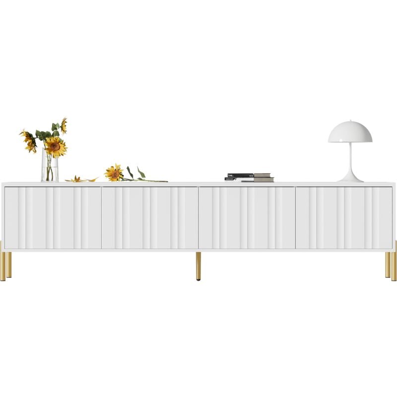 Meuble tv blanc, 190 cm de long x 38 cm de large x 48 cm de haut, pieds de table dorés, design de porte rainurée