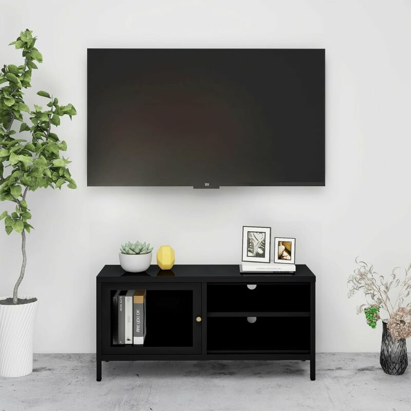 Meuble TV Noir 90x30x44 cm Acier et verre - Noir