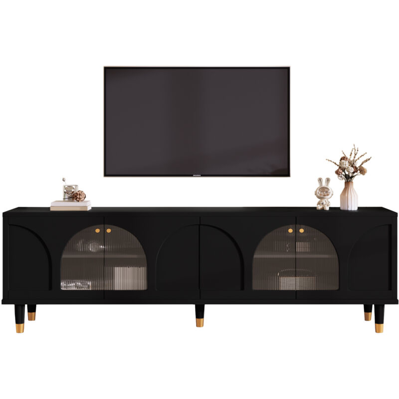 Meuble tv noir avec 4 portes, porte en verre nervuré voûtée - 173 x 38 x 59 cm - design moderne