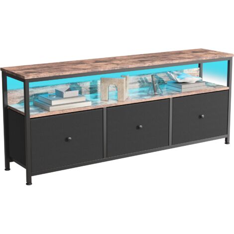 Meuble TV noir avec LED – Dimensions 137 x 29.8 x 57 cm – meuble tele en bois MDF et métal – 3 tiroirs et 1 compartiment ouvert – Montage facile