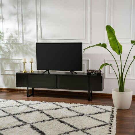 Meuble TV noir avec rangement - effet bois, pieds noirs JENA
