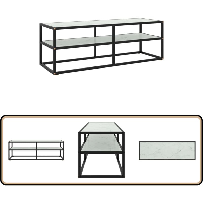 Meuble TV noir avec verre marbre blanc 120x40x40 cm - Meuble Tv - Meuble Audiovisuel - Étagère Murale - Support Téléviseur - Télévision
