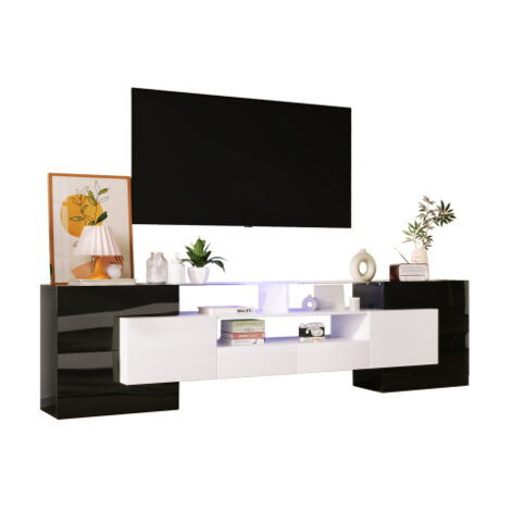 Meuble TV noir blanc 200cm LED surface verre brillant design élégant