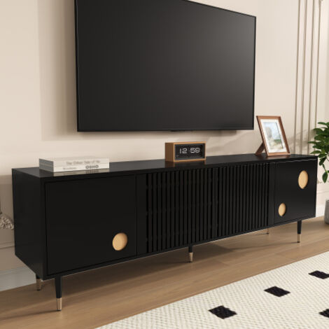 Meuble TV noir bois massif avec 2 portes, portes à structure grillagée avec poignées cachées, décor doré, 170x36x54 cm