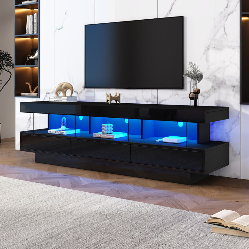Meuble tv noir brillant 160 x 38 x 50,5 cm avec 3 étagères en verre, éclairage led, contrôle par application, connectivité Bluetooth pour téléviseurs