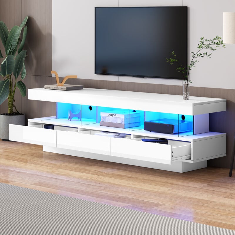 Redom - Meuble tv blanc brillant 1603850,5 cm avec 3 compartiments en verre, éclairage led, contrôle par application, connecté Bluetooth, pour