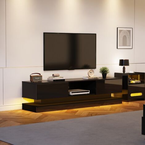 Meuble TV noir brillant 160x35x40.5cm - 2 tiroirs + éclairage LED - Contrôle par appli - Sécurité anti-basculement - Pour TV jusqu'à 60"