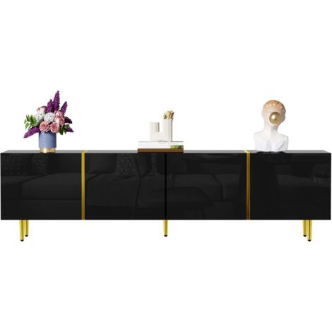 Meuble TV noir brillant, design à quatre portes, mobilier minimaliste moderne, coloris noir et or, convient au salon et à la chambre.