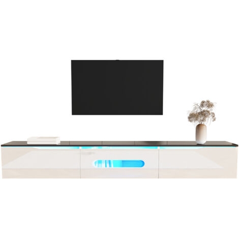 Meuble TV noir et blanc, 180 cm, finition laquée brillante, éclairage LED 16 couleurs, fixation murale