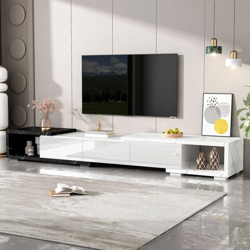 Meuble tv Noir et blanc brillant,Longueur réglable (140-179,5cm),Meuble Télé moderne à effet marbre,Design unique