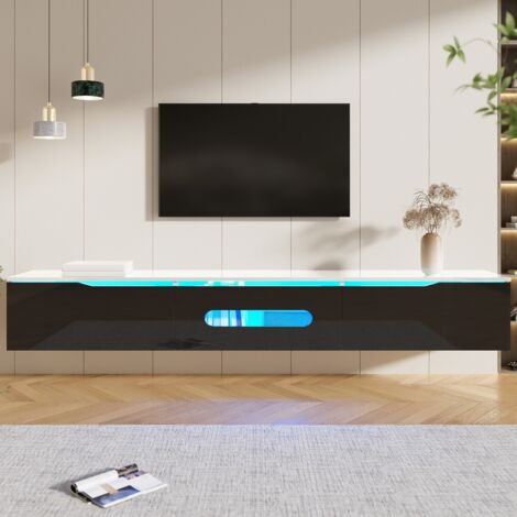 Meuble TV-Noir Et Blanc-L.180 cm-Surface Laquee Brillante-Eclairage LED 16 Couleurs-Montage Mural