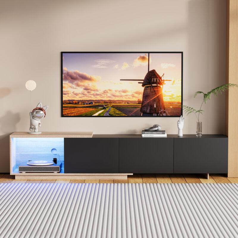 Meuble TV noir extensible - 240x38x44 cm - Trois tiroirs + éclairage LED - Design moderne