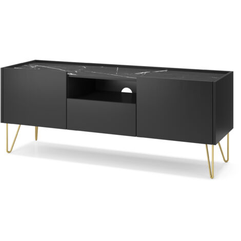 Meuble TV : Noir graphite / marbre noir, 144 × 55 × 37 cm