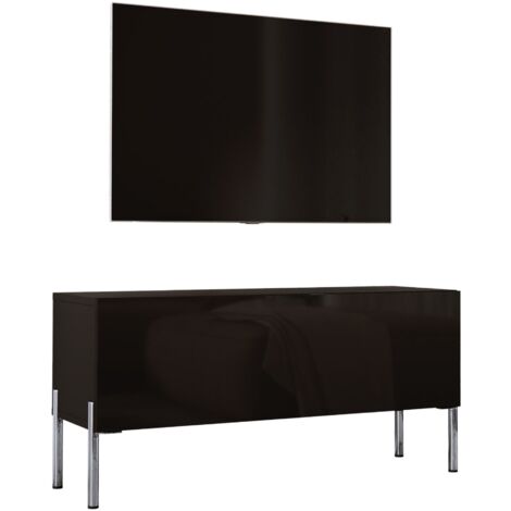 Meuble TV, Noir Mat / Noir Brillant, pieds Chrome, 100 × 52 × 32 Cm