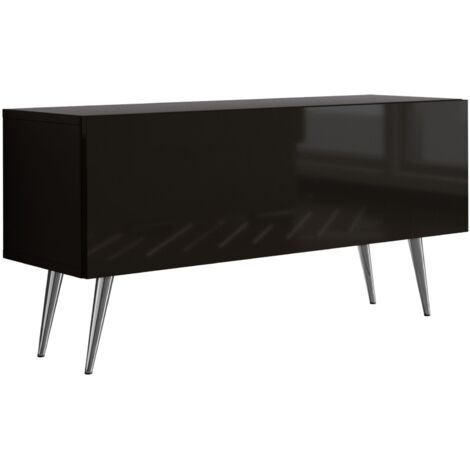 Meuble TV : Noir Mat/Noir Brillant, pieds Chrome, 100 × 52 × 32 cm