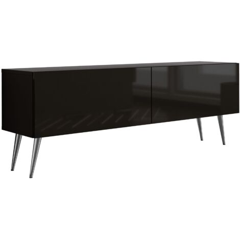 Meuble TV : Noir Mat/Noir Brillant, pieds Chrome, 140 × 52 × 32 cm