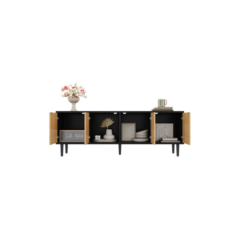Meuble TV noir moderne - 150 x 38 x 55 cm, buffet bas en bambou, meuble TV avec espace de rangement