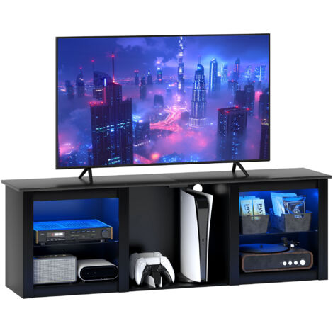 Meuble TV noir moderne avec éclairage LED intégré, support pour téléviseurs 65 pouces (160 cm), étagères en verre ajustables, rangement multimédia.