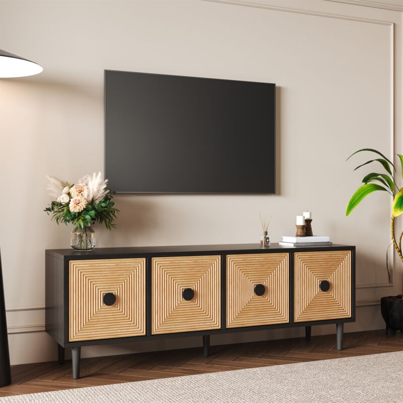 Meuble tv noir et couleur bois, buffet bas avec 4 portes en bambou, 150x3855 cm