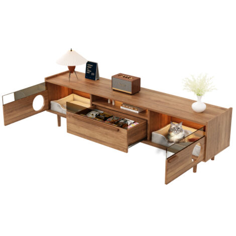 Meuble TV noyer 180x40x50cm LED espace chats portes verre trempé 1 tiroir