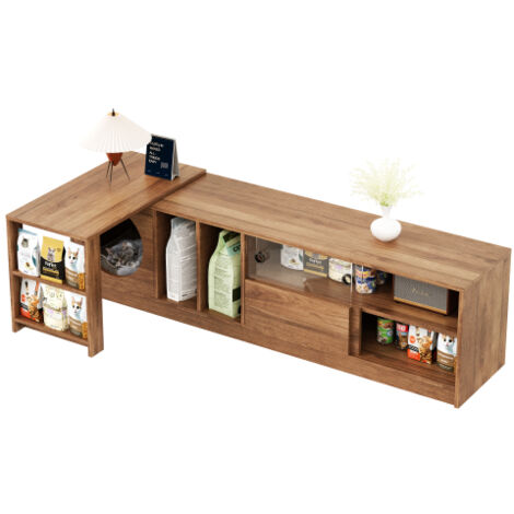 Meuble TV noyer rotatif 180+80cm pliable adapté animaux portes verre trempé
