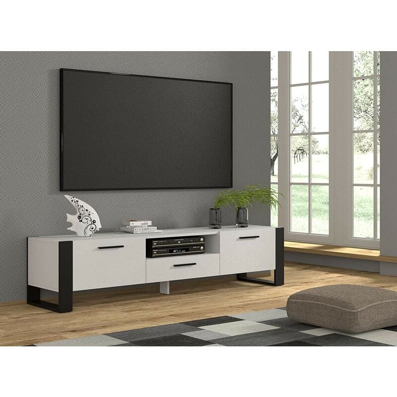 Bim Furniture - Meuble tv moderne cm 200x43x48h pieds blanc mat et poignées noires - Bim Supplies
