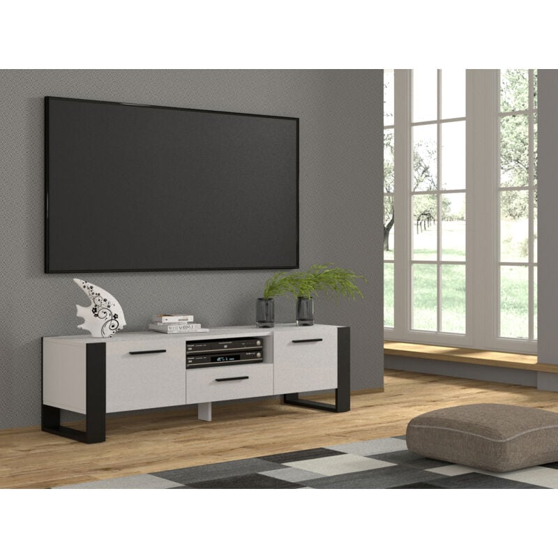 Bim Furniture - Meuble tv moderne cm 160x43x48h couleur blanc mat pieds et poignées noires - Bim Supplies