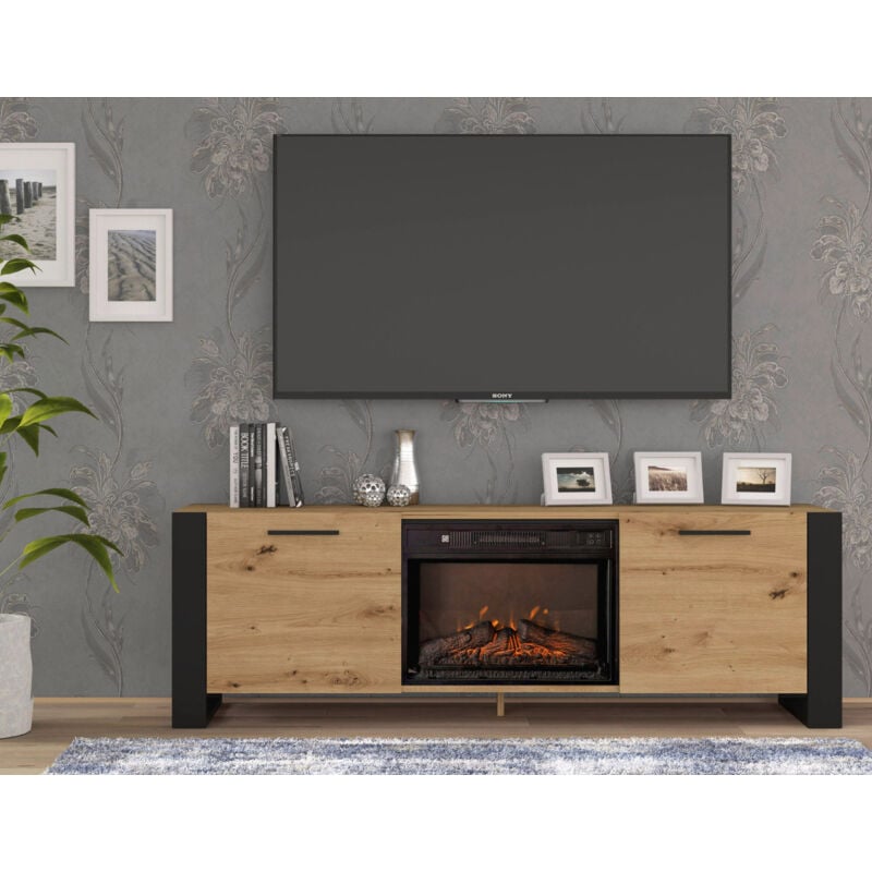 Bim Furniture - Meuble tv nuka 180 cm avec cheminée électrique chêne artisanal