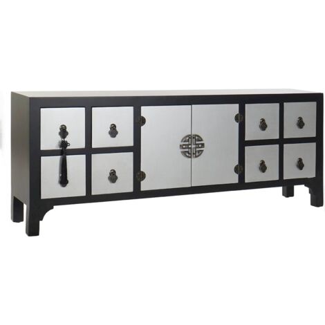 Meuble TV oriental noir élégant avec rangements - Noir et argenté