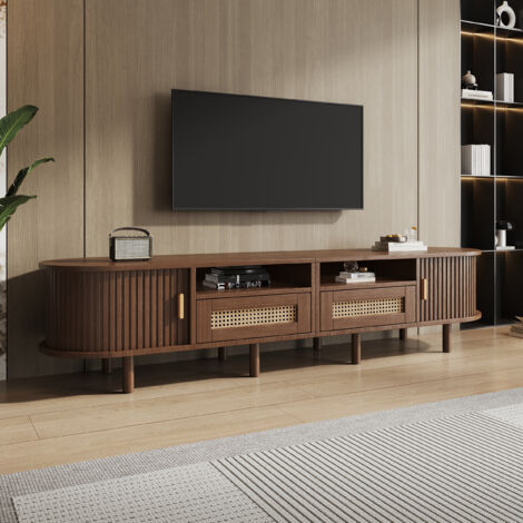 Meuble TV ovale 170x40x40 cm avec 2 tiroirs rotin, 2 portes coulissantes, convient écrans jusqu’à 70'', panneaux de bois, noyer