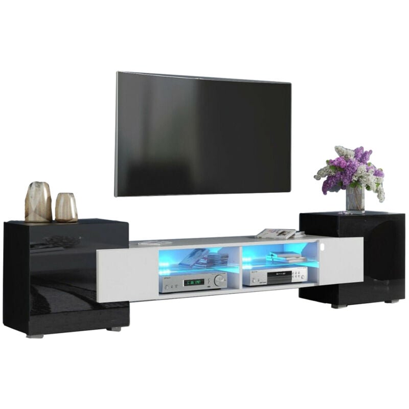 Dusine - meuble tv pablo 230 cm avec led Blanc Mat et Noir Laqué