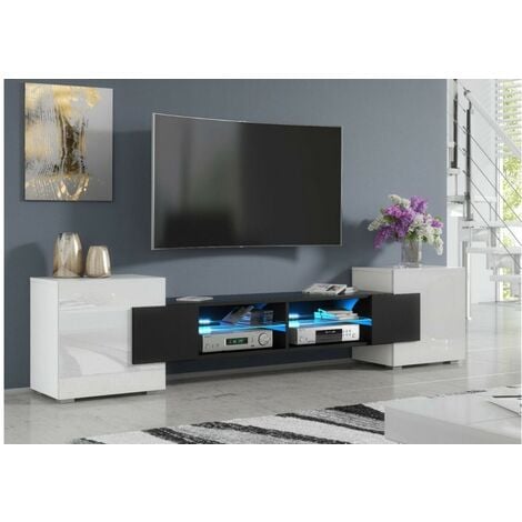 Ensemble meuble TV mural Game - L 230 x P 35 x 130 cm - Blanc et noir