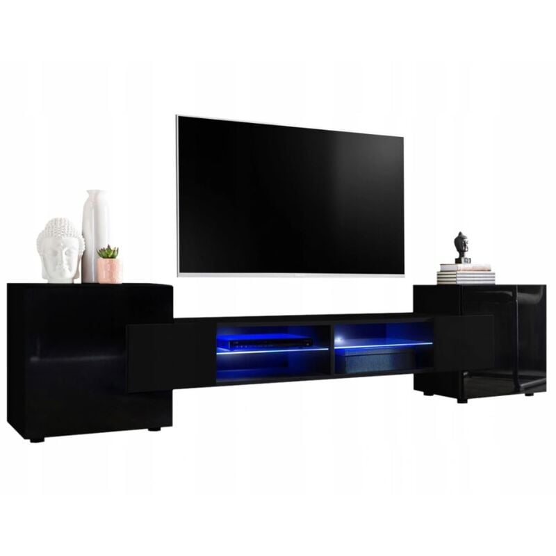 Dusine - meuble tv pablo 230 cm avec led Noir Mat et Noir Laqué